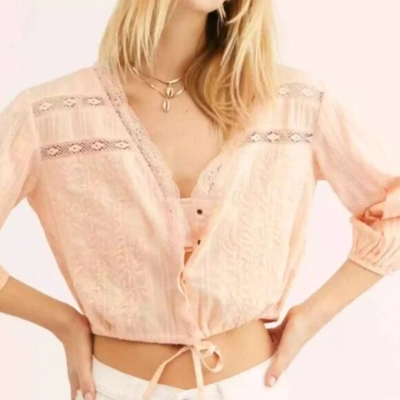 Free People Tops - FREE PEOPLE Follow Your Heart Embroidered Pink Cropped Top